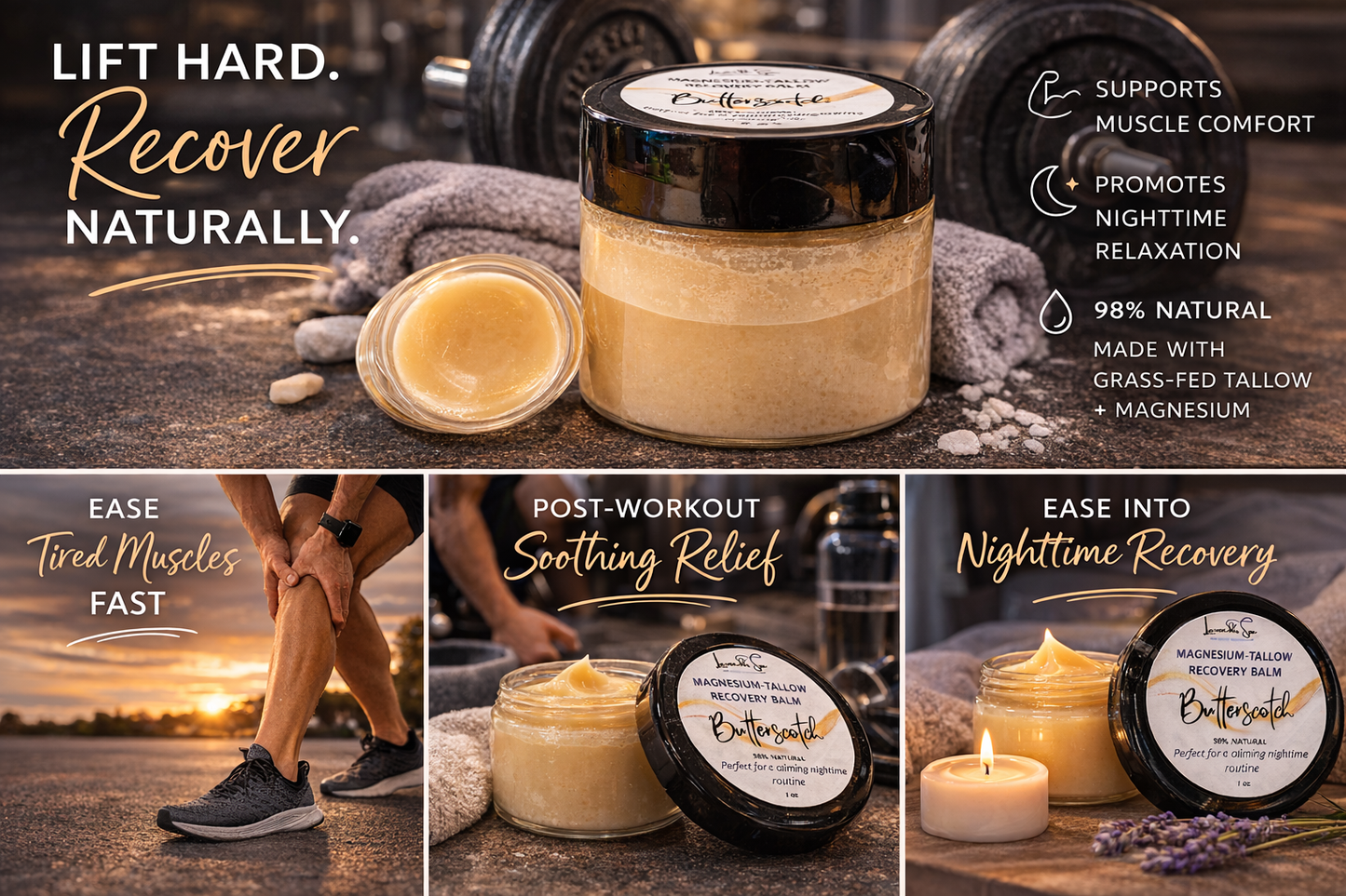 Magnesium Tallow  Recovery Balm - Butterscotch Scented - 1 oz & 2.5 oz